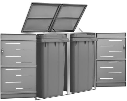 Sufrk Abri pour Deux poubelles 138x77,5x115,5 cm INOX Cabane De Jardin Exterieur, Resine Abri Poubelle
