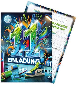 Limonia 10 Einladungskarten zum 11. Kindergeburtstag Graffiti Street Art Motto-Party Feier Fest Set Einladung Geburtstag Mädchen Kinder Jungs Jungen Boys Teenies