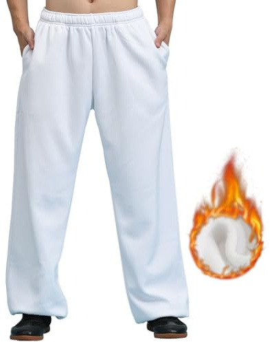 Men Women Milk Silk Tai Chi Pants Winter Plus Velvet Training Loose Martial Arts Kung Fu Trousers with Pockets (White, XXL)