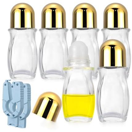 Rowiz 6 Pack 50ml Clear Glass Roll-On Bottles, 5/3oz Glass Roller Bottles | Thickened Glass Bottles with Golden Screw Caps, Refillable, Portable for Essential Oil, Perfume, Deodorant, 2 Openers