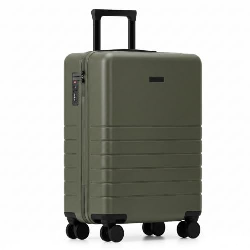 FEYNSINN Handbagageväska, hårt skal, ryker, hybrid med främre fack, äkta polykarbonat, bagageutrymme, rullväska, 55 x 40 x 20 cm, kabin-trolley TSA-lås, 4 rullar, Mörk oliv, Essential, resväska
