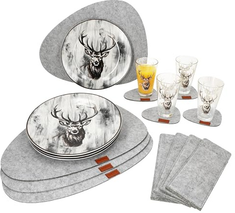 MamboCat Alois Lot de 20 pièces de table gris clair I 4 assiettes, verres, sets de table, dessous de verre et porte-couverts en feutre I Couverts pour 4 personnes I Décoration de table