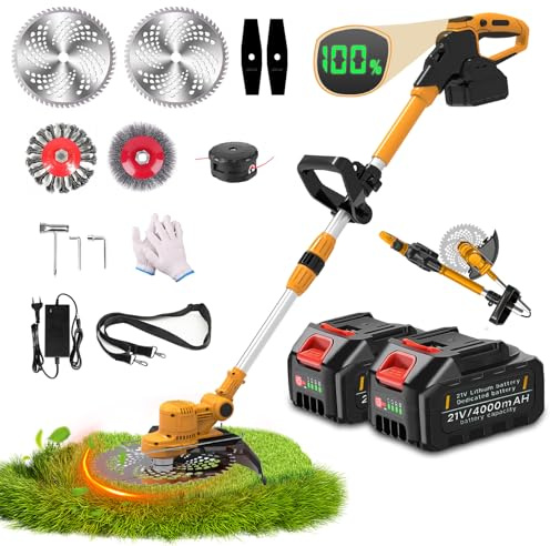 Rasentrimmer mit Akku und Unkrautbürste für Makita Akkus, 5 In 1 Akku Rasentrimmer, Akku Freischneider mit 2X4.0Ah Akku, Kann gefaltet Werden, Brushless Freischneider, Elektro Motorsense