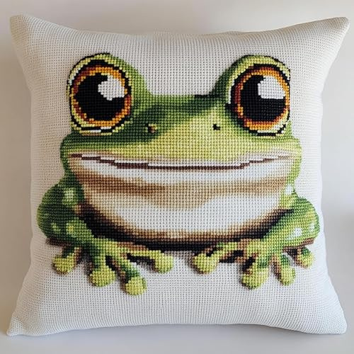 AxiangziK Tier Kreuzstich Stickpackungen Kissen,süßer Frosch,Stickset,Kissenbezug,DIY Kreuzstichkissen Anfänger mit Stickvorlage & Sticknadel und Stickgarn,45x45cm