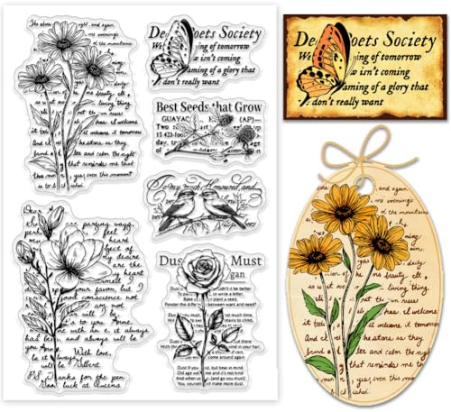 PH PandaHall Vintage Text Hintergrund klar Stempel, Blume Vogel Schmetterling Gummistempel Rose Pflanze Silikonstempel Retro Transparente Siegelstempel für Kartengestaltung, Scrapbooking, Journal