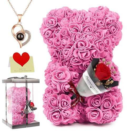 Orsacchiotto di rose artificiale, 25,4 cm, con bouquet con confezione regalo, per anniversario, Natale, matrimonio, compleanno, regalo romantico per lei (rosa)