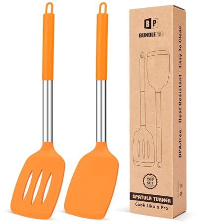 Pack of 2 Silicone Solid Turner, Non Stick Slotted Kitchen Spatulas, High Heat Resistant BPA Free Cooking Utensils, Ideal Cookware for Fish, Eggs, Pancakes (ORANGE)