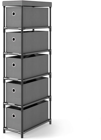 COSTWAY Slim Chest of Drawers, 5-Drawer Fabric Dresser Storage Tower with Wooden Top, Metal Frame Narrow Chest Cabinet Organiser Unit for Bedroom, Living Room, Closet and Hallway (Grey)