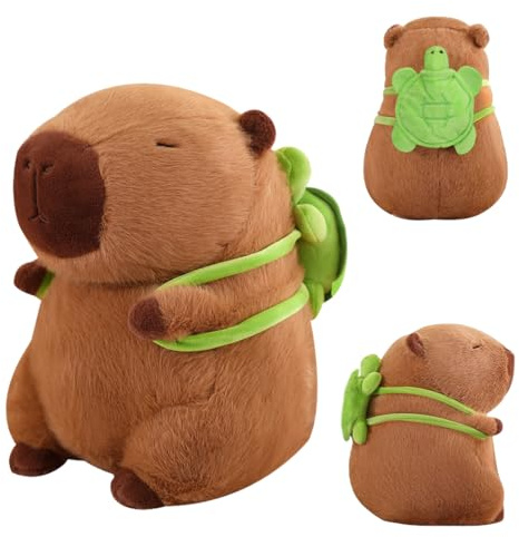 VerLuky Capybara gosedjur, 23 cm plyschdjur med sköldpaddsryggsäck, söt vattengris, gosedjur, gåva för vuxna och barn