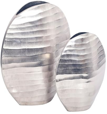 FineBuy Vase 2er Set Aluminium Silber Wellenmuster, Blumenvase | Designvasen in 2 Größen, Tischvasen handgefertigt, Wohndeko für Wohnzimmer, Sideboard und Esstisch, Tischdeko