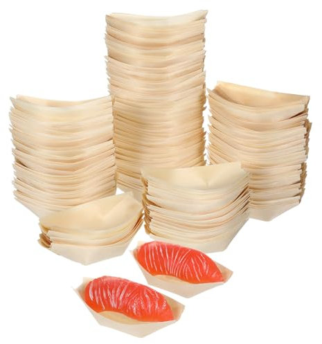 NUOBESTY Wooden Boat Plates, 150pcs Mini Sushi Boat Wooden Food Plates Dishes Container for Serving Sushi, Salads Serving Snack Tray for Party, Catering Supplies