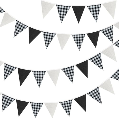 G2PLUS Burlap Fabric Gingham Bunting Banner: 36PCS Large Outdoor Triangle Flags, 10m Black and White Vintage Bunting Banner for Birthday, Wedding, Graduation Ceremony, Garden Party Decoration