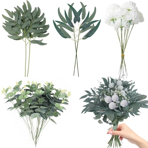 BDHYYM 24 Stück Künstliche Eukalyptus Deko Künstliche Zweige Deko Pflanzen,Kunstblumen Wie Echt,Kunstpflanzen Grün Blätter Eukalyptus Hortensien Kunstblumenstrauß für DIY Blumenstrauß Hochzeitsdeko