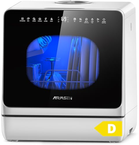 AIRMSEN Mini Lave-Vaisselle de Table, Lave-Vaisselle Portable 5L, 8 Programmes + 3 Programmes supplémentaires, Départ Différé 1-18 h, Adoucisseur d’Eau et Sécurité Enfant
