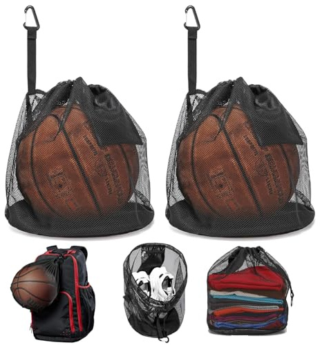 ZYEKIU 2 Pezzi Portatile Sacca Sportiva per Palla con Tasca con Cerniera, Borsa Portapalle per Rete può Contenere 1 Palla, Borsa Palestra con Moschettone e Cordino, Adatto per Basket Calcio Pallavolo