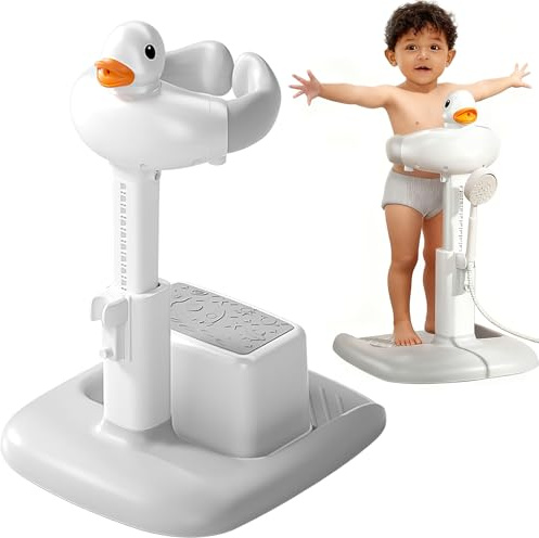 Astrevo Baby Bath Seat - Baby Bath Support for 6 Months Plus | Portable & Adjustable Shower Standing Support | Non-Slip Stable Toddler Showering Seat for Stand Up (with Duck & Stool)