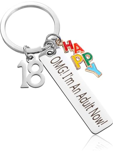 Lnngub Schlüsselanhänger zum 18. Geburtstag Geschenk, Edelstahl Schlüsselanhänger mit Gravur „OMG I'm An Adult Now 18. Geburtstag HAPPY Geschenke für Jungen, Mädchen, Gute Freunde, Söhne, Töchter
