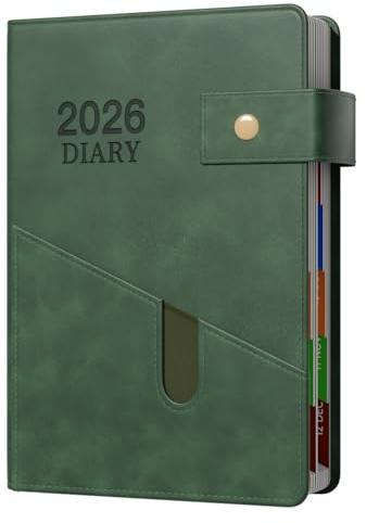 Diary 2026, A5 Page a Day 2026 Diary, Jan to Dec 2026, Daily Planner with Button Strap, Colorful Monthly Tabs, Front Pocket (8.5'' x 5.8'') - Green