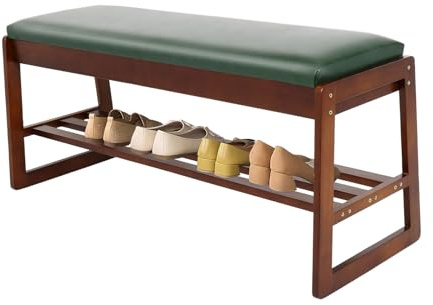 FAHKNS Shoe Bench with Leather Cushion 2 Tiers Shoe Rack 39.4 Rubberwood Shoe Organizer for Hallway, Living Room, Bedroom, Closet