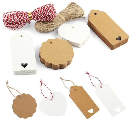 100 etiquetas de papel kraft, etiquetas blancas y marrones con cuerda de 20 m, etiqueta de precio, etiqueta de regalo kraft en blanco para regalos, etiquetas hechas a mano para envolver regalos