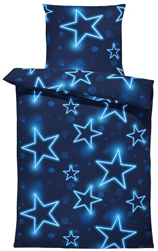 one-home Biber Bettwäsche 155x220 cm Sterne blau Winter Kuschelig Weich Warm Baumwolle