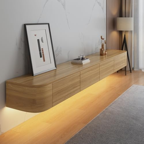 HYANXUE Vägghängd TV-bänk, väggmonterad TV-hylla med dörr, TV-mediakonsol, svävande TV-skåp med stort förvaringsutrymme under TV:n (trä2 + LED, 200 cm)