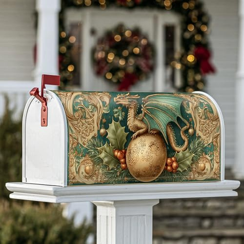 Copertura magnetica per cassetta postale con drago, decorazione natalizia con agrifoglio, verde, decorazione per giardino, cortile, 53 x 65 cm