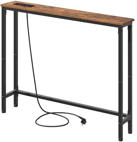 HOOBRO Tavolo Console Stretto 100 cm Consolle Ingresso, Tavolo Consolle Rustico con Stazione di Ricarica e Porte USB, Espositivo Metallo Oggiorno e Corridoio, Marrone Vintage e Nero EBF52CXG01G1