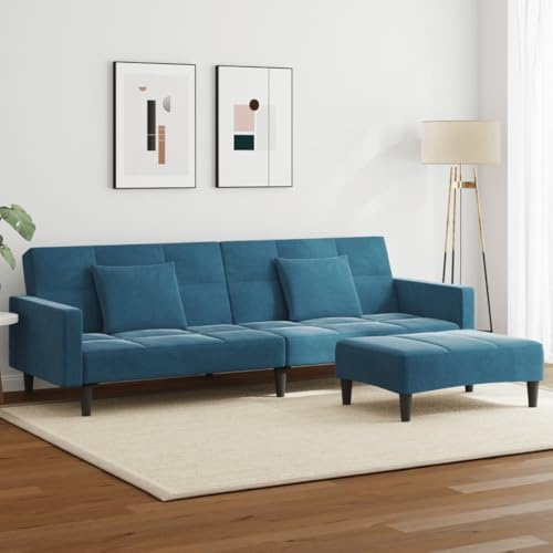Mandloder Schlafsofa 2-Sitzer mit Fußhocker, Blau Samt, Ausziehbares Loungesofa 220x84.5 cm, Bettcouch für Wohnzimmer, Gästezimmer, Modernes Design