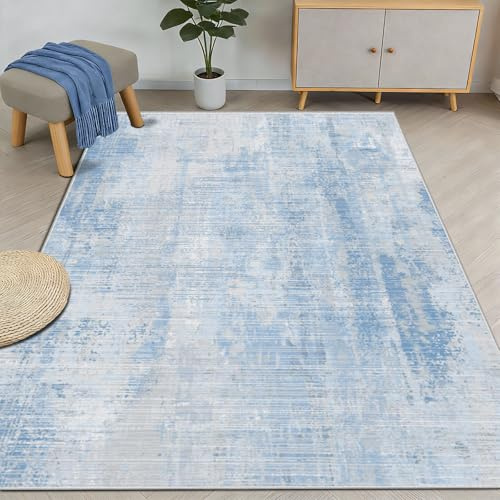 WUTONG Waschbarer Teppich Wohnzimmer 120X160CM,Abstrakt Blau Teppich Schlafzimmer Kurzflor,Weiche Kunstwolle Bettvorleger für Kinderzimmer,Jugendzimmer,rutschfest