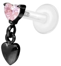 PIERCINGLINE Piercing Stecker PTFE Labret mit Innengewinde + Titan-Aufsatz 2 HERZEN Schwarz | Kristall: Rosa Stablänge: 6mm | Stabstärke: 1,2mm
