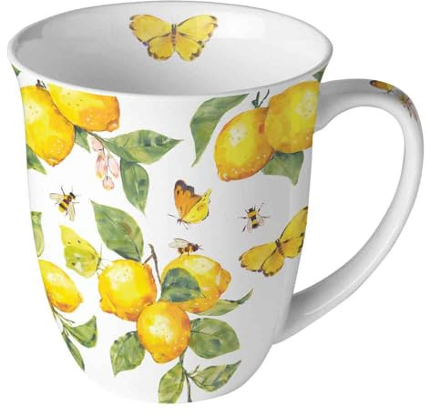 Ambiente Porzellan Tasse, Bone China Becher, 400ml, Weiß mit Zitronen und Schmetterlingen, 10 cm Durchmesser, Kaffee und Tee Fresh Lemons White