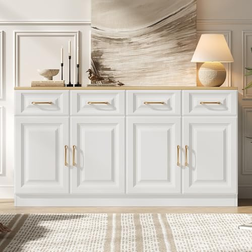Calivra Sideboard, 140cm Breit Küchenschrank mit Arbeitsplatte, Kommode Küche mit 4 Türen und 4 Schubladen, Küchenbuffet Buffetschrank Anrichte mit Griffen für Wohnzimmer Küche Esszimmer - Weiß