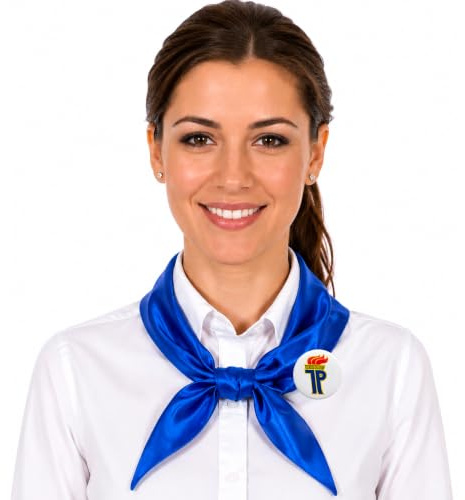 Krause & Sohn DDR Pionier Halstuch Blau mit Anstecker – 2-tlg. Jungpionier Ostalgie Kostümzubehör für Erwachsene, Dreieckstuch 100 x 30 cm