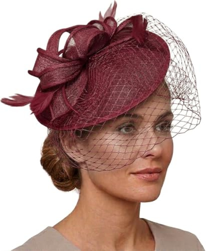 Caprilite Saucer Sinamay Headband Fascinator Wedding Ascot Hat Hatinator Birdcage Veil[Burgundy]