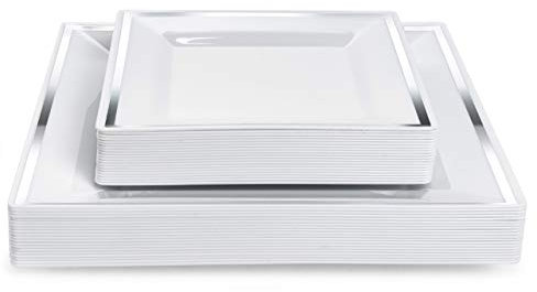 MATANA 40 Premium White Square Hard Plastic Plates with Silver Rim – 20 Dinner (25cm) & 20 Side Plates (16.5cm) – Elegant, Reusable Tableware for Weddings, Birthdays, BBQs, Parties