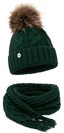 ELIMELI® Winter Mütze Damenmütze mit Fell-Bommel Fleece Innenfutter gefüttert - warme Damen Bommelmütze Strickmütze - Wintermütze mit Kunstfell Bommel - Slouch Strick Beanie Made in EU