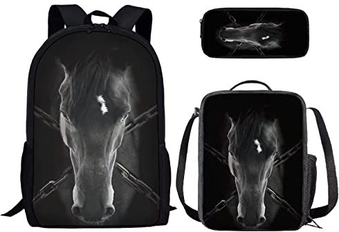 Binienty Kids Fashion Print Rucksack für Mädchen Schule Büchertasche für elementare 3 in 1 Schulranzen Sets mit Lunch Tote Bleistifttasche, Pferde-Aufdruck 2, Einheitsgröße