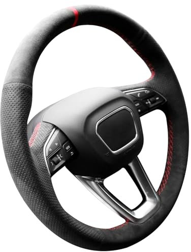 Alfanxi Handstich Nähen Alcantara Lenkradabdeckung für Audi A5/Q3/Q5/Q5 e/Q7/Q8/RS 5/RS Q8/S3/S4/S5/SQ5/SQ7/SQ8 (Roten Streifen)