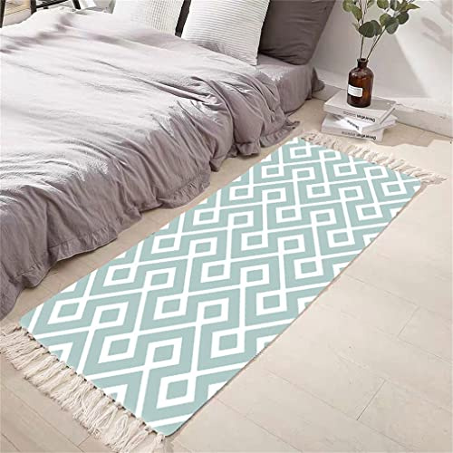 Tomifine Flachgewebe Teppich mit Quasten, Geometrischem Rautenmuster Vintage Teppich Baumwolle Waschbar Fußmatte (80x150 cm,Grün)