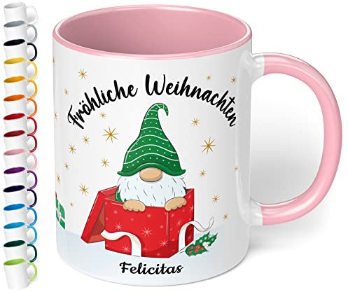 True Statements Weihnachtstasse mit Namen personalisiert „Fröhliche Weihnachten“ - 330ml Keramik Kaffeebecher mit Wichtel-Motiv und Spruch - Geschenk für Freunde & Familie (Rosa)