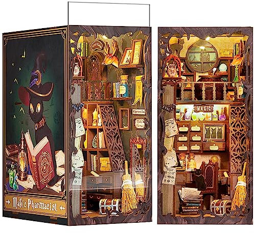 Cutefun Book Nook Kit,Magic Pharmacist Puppenhaus,DIY Miniatur Haus Book Nook,Häuser Modellbausätze mit LED Leuchten und Einsteckbar Staubschutzplatte,Modellbau Kit für Erwachsene(SZ05B)