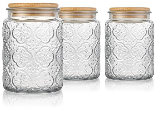 Danmu Art Tea Coffee Sugar Canisters Sets Glass Jars with Lids Set of 3 Glass Airtight Storage Jars with Bamboo Lids (Begonia, 700ml)