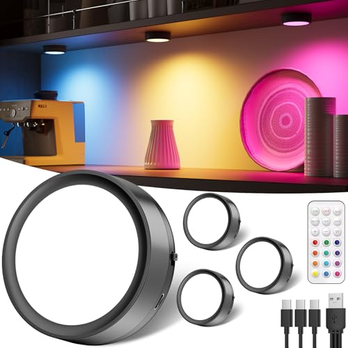Colour Changing Rechargeable Puck Lights with Remote, Black 2400mAh Battery Spotlights Stick On Lights for Under Cupboards USB RGB Kitchen Cabinet Light Magnetic LED Touch Light for Shelf Bookcase