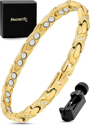 MagnetRX® Ultra Strength Magnetic Bracelets for Women – Double Magnet Stainless Steel Crystal Bracelet for Women – Adjustable Bracelet Length with Sizing Tool (Gold XO)