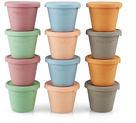 PandaEar Set di 12 Contenitori per Conservare Alimenti per Bambini in Silicone, Contenitori Riutilizzabili per Piccole Merende da 120 ML per il Congelatore con Coperchi Ermetici Anti-Perdite