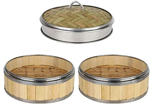 PAREKS Bamboo Steamer Baskets 1 Set 2 Tier Food Steamer with Lid Bun Dumpling Maker for Cooking Dim Sum Rice Meat Veggies