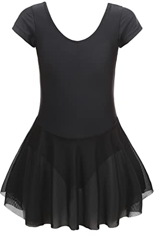 Kinder Ballettkleidung 3-11 Jahre Mädchen Zweiteilig Ballettkleid Kurzarm Ballettanzug Glitzer Tanzkleid Baumwolle Ballett Trikot Mit Chiffon Rock Tütü (Schwarz,110-160)