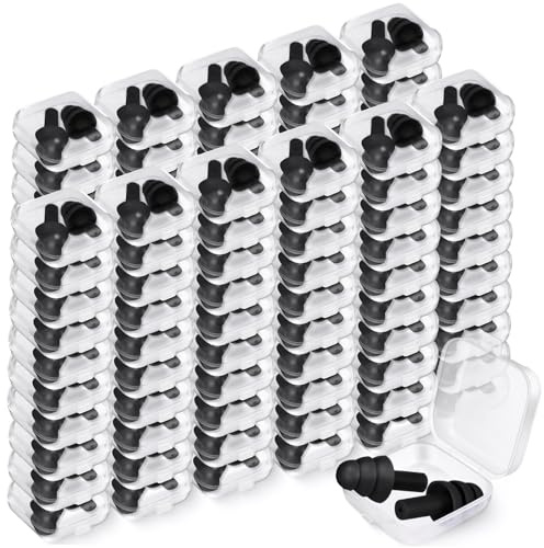 Trelaco 100 Pairs Silicone Ear Plugs Bulk with Case Nrr 29db, Black | For Sleeping Concerts Shooting Swimming Travel, Soft Noise Blocking Hearing Protection, Portable Cases Included