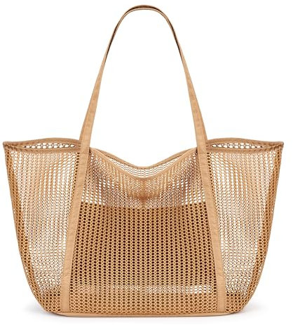 KALIDI FANCY FOREST Faltbare Mesh Strandtasche XXL Familie, Große Strandtasche Badetasche Shopper Tasche Damen für Urlaub Sauna Sport,Khaki